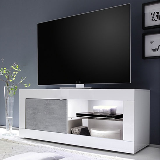 Taylor 1 Door TV Stand In White High Gloss And Cement Effect