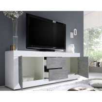 Taylor High Gloss TV Sideboard In White And Cement Effect