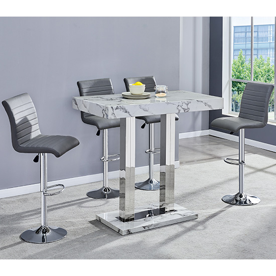 Caprice Diva Marble Effect Gloss Bar Table 4 Ripple Grey Stools