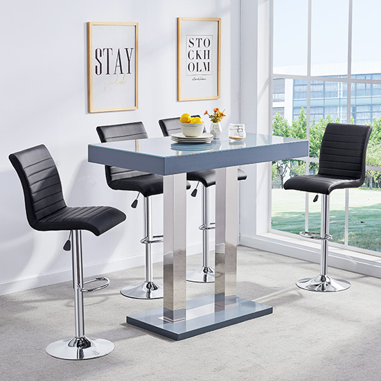 Caprice Grey High Gloss Bar Table 4 Ripple Black Stools