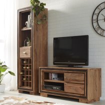 Spica Wooden Wine Bookcase In Natural Sheesham With 2 Drawers