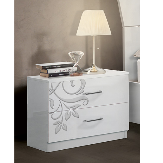 Mayon Wooden Bedside Cabinet In Flower Pattern White Gloss