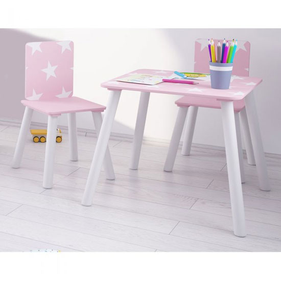 Stars Design Kids Square Table With 2 Chairs In Pink And White