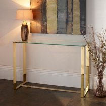 Megan Clear Glass Rectangular Console Table With Gold Legs