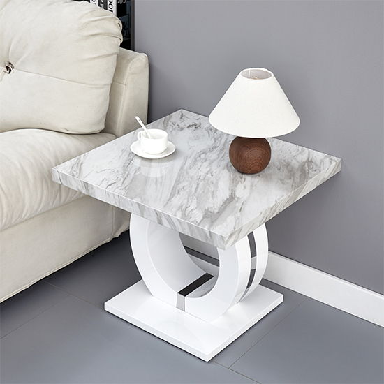 Halo High Gloss Lamp Table In Magnesia Marble Effect