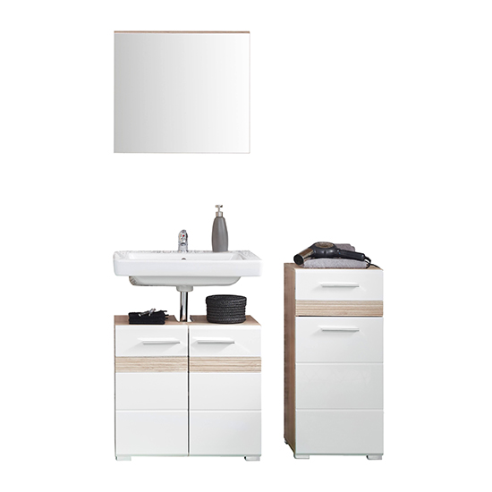 Seon Bathroom Funiture Set 3 In Gloss White And Light Oak