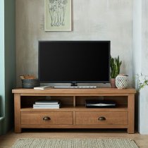 Albas Wooden Large TV Unit In Planked Solid Oak