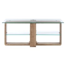 Alfratos Clear Glass Top TV Stand With Natural Wooden Base