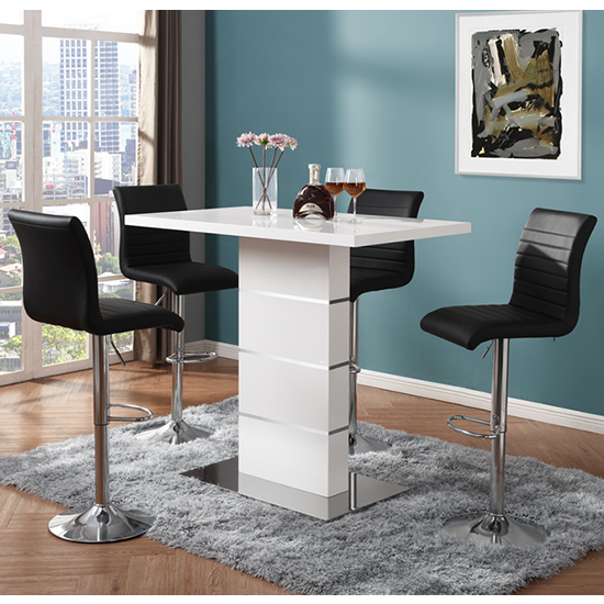 Parini White Gloss Bar Table With 4 Ripple Black Stools