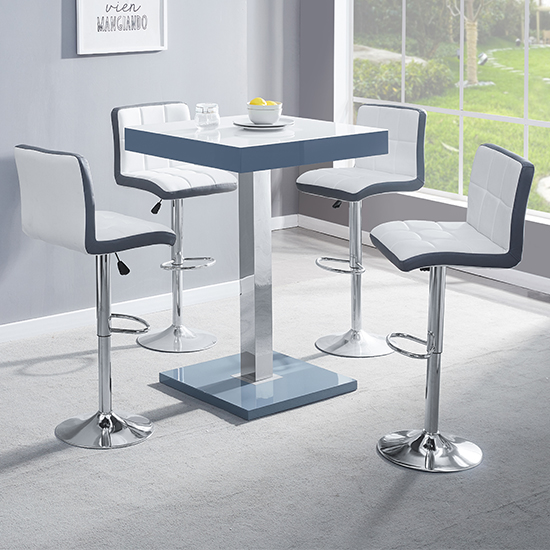 Topaz Glass White Grey Bar Table 4 Copez White Grey Stools