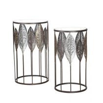 Leaves Clear Glass Top Set Of 2 Side Tables With Metal Frame