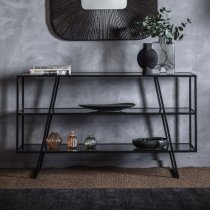 Pomona Glass Top Console Table In Black With Metal Frame