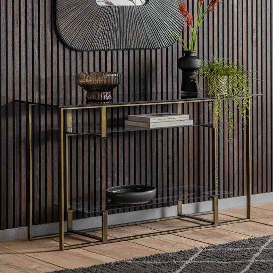 Cody Black Glass Console Table With Bronze Metal Frame