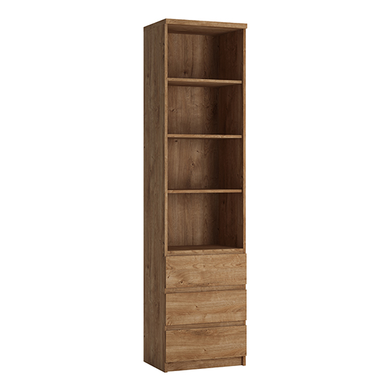 Felton Tall Narrow 3 Shelves 3 Drawers Bookcase In Oak