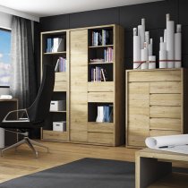 Sholka Tall Narrow Wooden 3 Drawers Bookcase In Oak