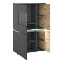 Levy LED Wooden 4 Doors Low Display Cabinet In Oak And Grey