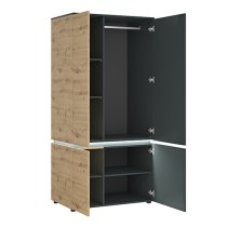 Levy LED Wooden 4 Doors Wardrobe In Oak And Grey