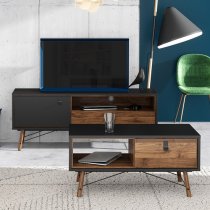 Rynok Wooden TV Stand In Matt Black Walnut With 1 Door 1 Drawer