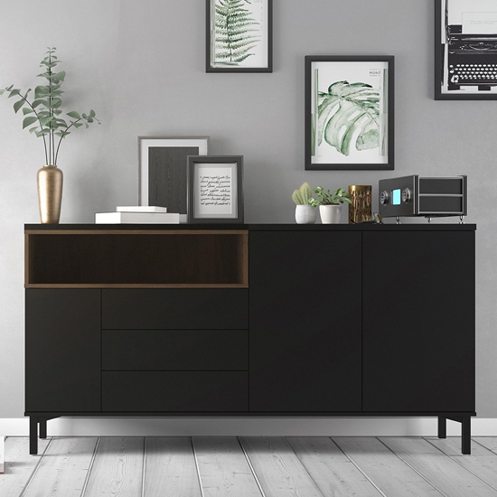 Romtree Wooden 3 Doors 3 Drawers Sideboard In Black And Walnut