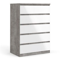 Nakou High Gloss Chest Of 5 Drawers In Concrete And White