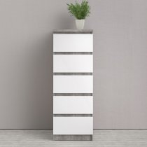 Nakou Narrow High Gloss Chest Of 5 Drawers In Concrete And White