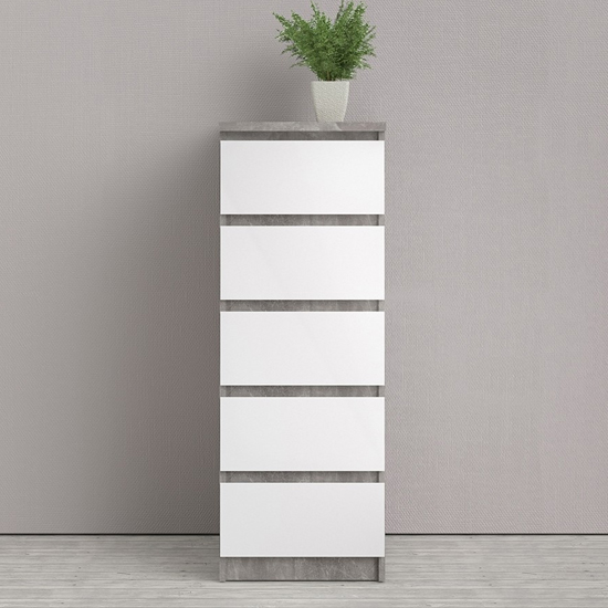 Nakou Narrow High Gloss Chest Of 5 Drawers In Concrete And White