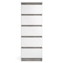 Nakou Narrow High Gloss Chest Of 5 Drawers In Concrete And White