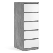 Nakou Narrow High Gloss Chest Of 5 Drawers In Concrete And White