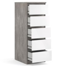 Nakou Narrow High Gloss Chest Of 5 Drawers In Concrete And White