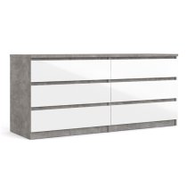 Nakou Wide High Gloss Chest Of 6 Drawers In Concrete And White