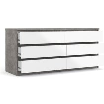 Nakou Wide High Gloss Chest Of 6 Drawers In Concrete And White