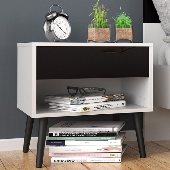 Oklo Wooden 1 Drawer Bedside Cabinet In White And Matt Black