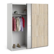 Wonk Mirrored Sliding Doors Wardrobe In White Oak With 2 Shelves