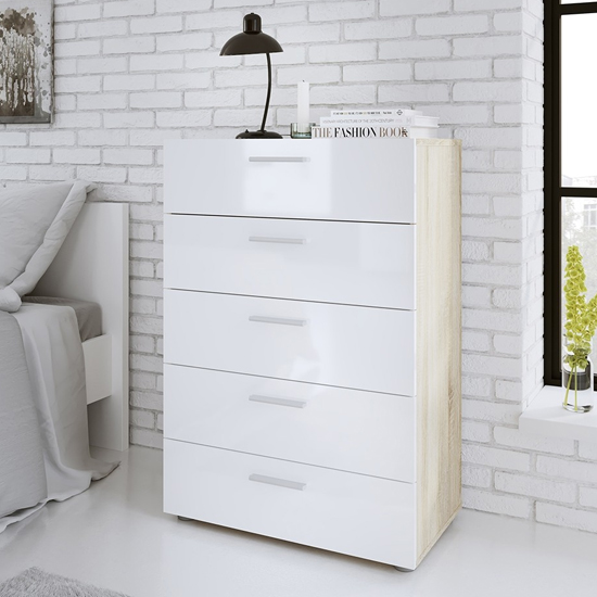 Perkin Wooden Chest Of Drawers In Oak And White Gloss 5 Drawers