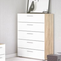 Perkin Wooden Chest Of Drawers In Oak And White Gloss 5 Drawers