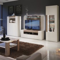 Tortola LED Tall Wooden Display Cabinet In Oak And White Gloss