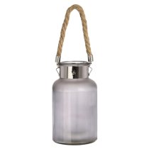 Lair Large Frosted Grey Glass Lantern With Rope And Interior LED