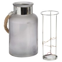 Lair Large Frosted Grey Glass Lantern With Rope And Interior LED