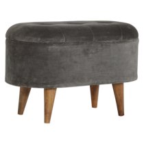 Aqua Velvet Curved Storage Footstool In Grey Tweed And Oak Ish