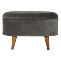 Aqua Velvet Curved Storage Footstool In Grey Tweed And Oak Ish