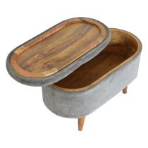 Aqua Velvet Curved Storage Footstool In Grey Tweed And Oak Ish