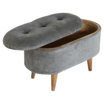 Aqua Velvet Curved Storage Footstool In Grey Tweed And Oak Ish