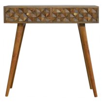 Tufa Wooden Diamond Carved Console Table In Oak Ish