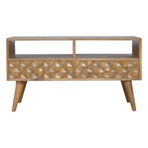 Tufa Wooden Diamond Carved TV Stand In Oak Ish With 2 Drawers