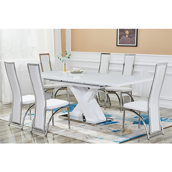 Axara Large Extending White Dining Table 6 Chicago White Chairs