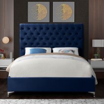 Campione Plush Velvet Upholstered Double Bed In Blue