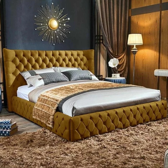 Radium Plush Velvet Upholstered Small Double Bed In Mustard