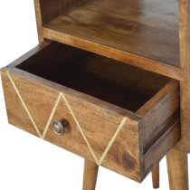 Amish Wooden Petite Brass Inlay Bedside Cabinet In Chestnut