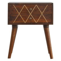 Amish Wooden Brass Inlay Bedside Cabinet In Chestnut 2 Drawers