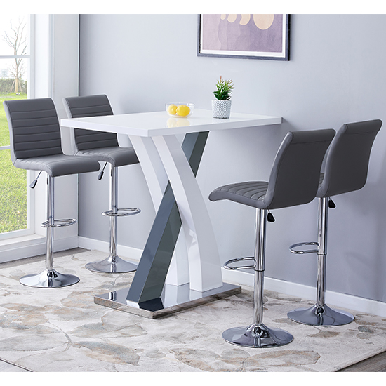 Axara White Grey Gloss Bar Table With 4 Ripple Grey Stools